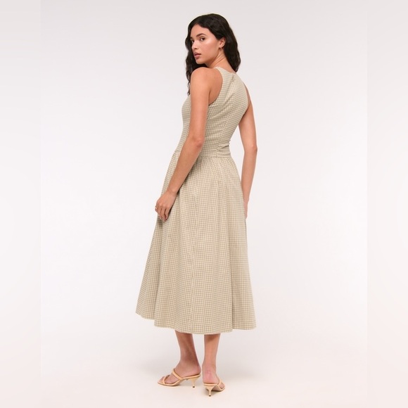 Abercrombie & Fitch Light Brown Check High Neck Drop Waist Sleeveless Midi Dress - Picture 4 of 13